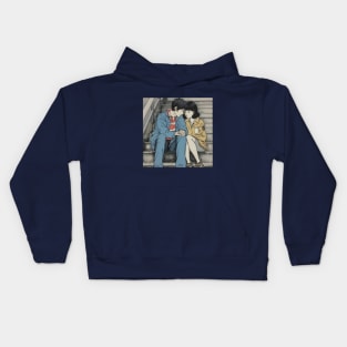 Brunet couple sitting on the bench and holding hands Kids Hoodie